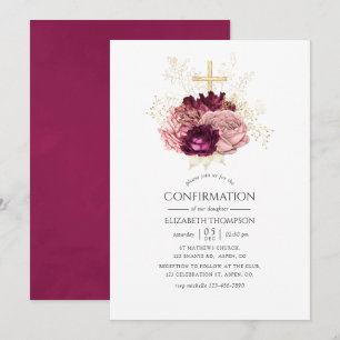 Invitación Confirmación de Borgoña Marsala Rubor Rosa y Dorad