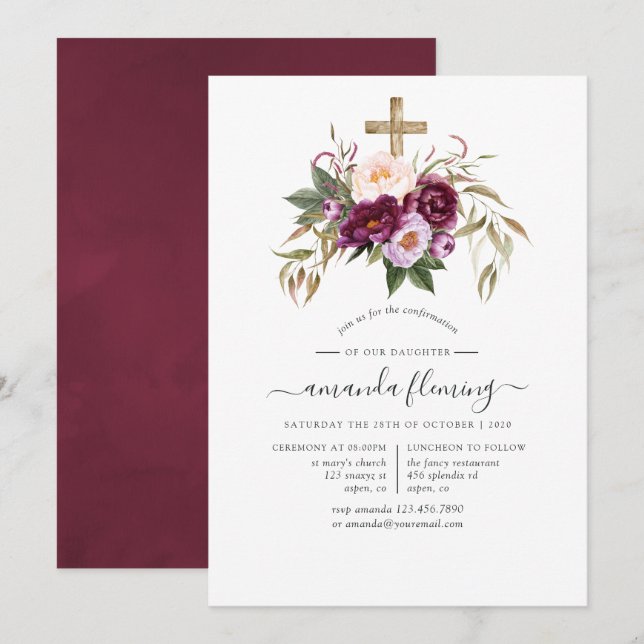 Invitación Confirmación de Borgoña/Marsala y Melocotón (Anverso / Reverso)