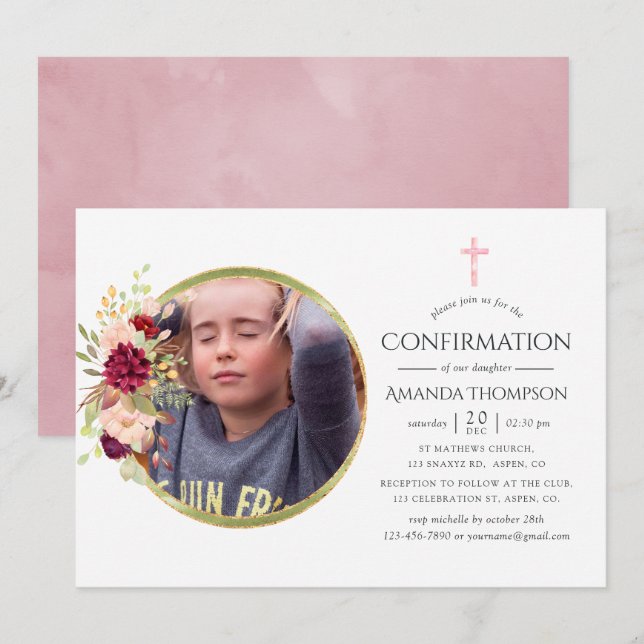 Invitación Confirmación de Borgoña-Marsala y Rubor (Anverso / Reverso)
