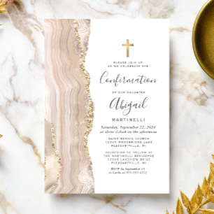 Invitación Confirmación de brillo de oro ágata de marfil