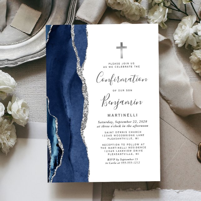 Invitación Confirmación de Brillo de Plata Ágata Azul (Subido por el creador)