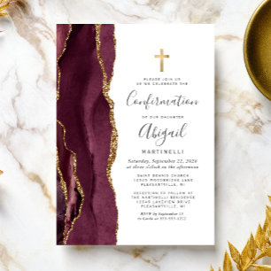 Invitación Confirmación de brillo dorado de ágata de Borgoña