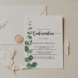 Invitación Confirmación de caligrafía de eucalipto verde desl