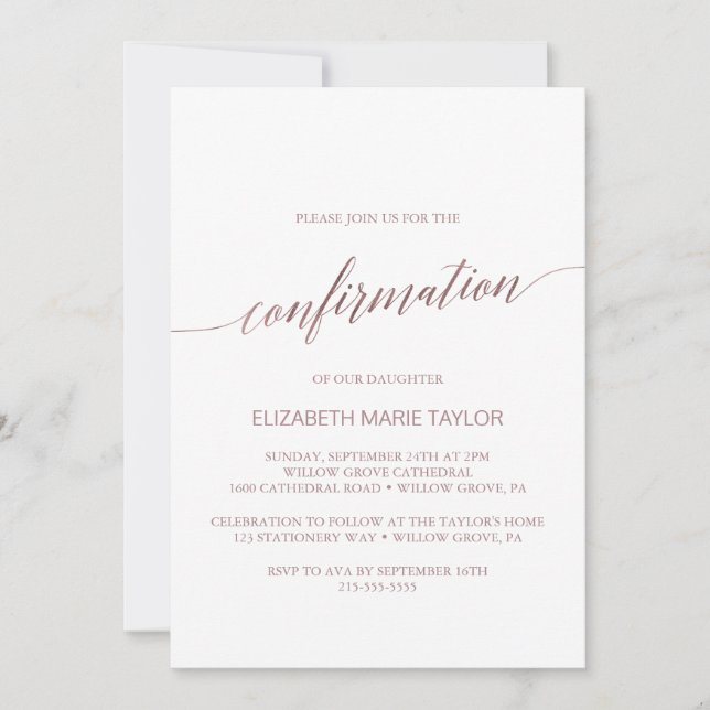 Invitación Confirmación de caligrafía de oro Rosa elegante (Anverso)