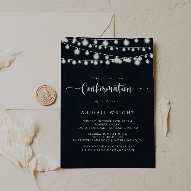 Invitación Confirmación de caligrafía de Rustic String Lights (Subido por el creador)