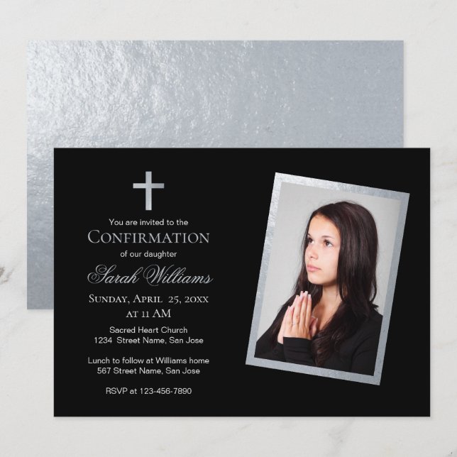 Invitación Confirmación de caligrafía falsa de plata y foto n (Anverso / Reverso)