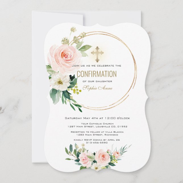 Invitación Confirmación de Charm Pink Rubor Floral Gold Cross (Anverso)