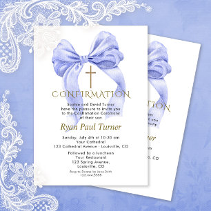 Invitación Confirmación de Charm Watercolor Blue Bow Boy