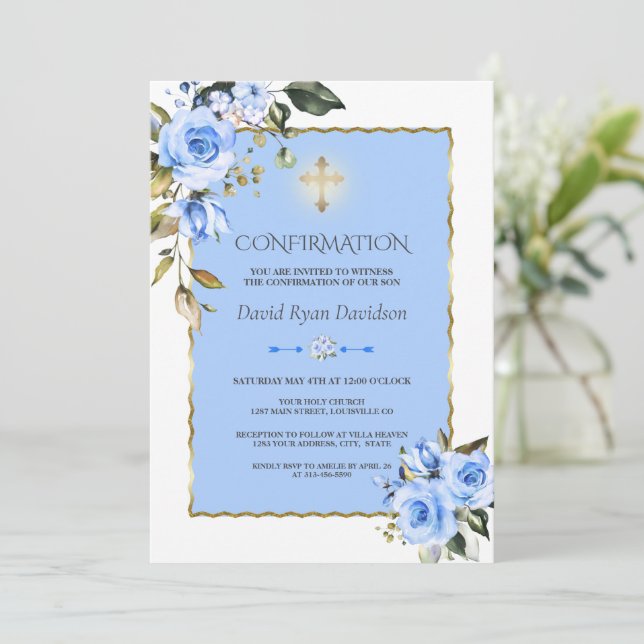 Invitación Confirmación de Charming Blue Flowers Gold Cross B (Anverso de pie)