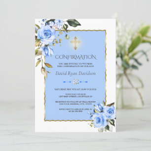 Invitación Confirmación de Charming Blue Flowers Gold Cross B