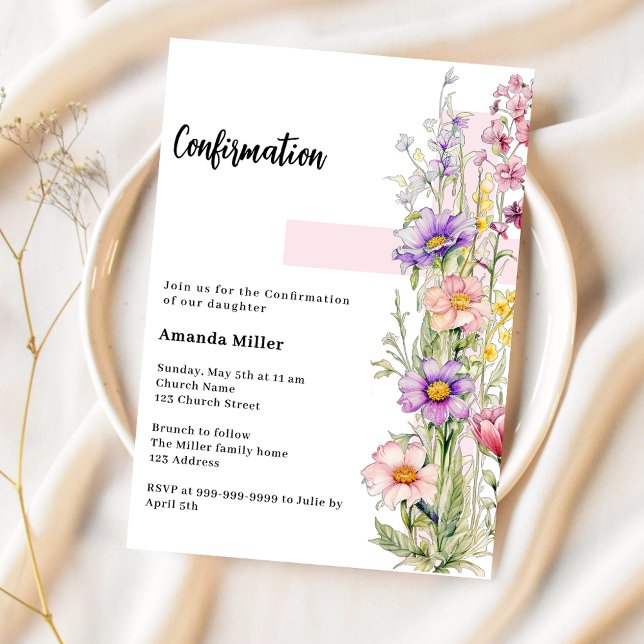 Invitación Confirmación de chica de cruz rosa de Florals (Subido por el creador)