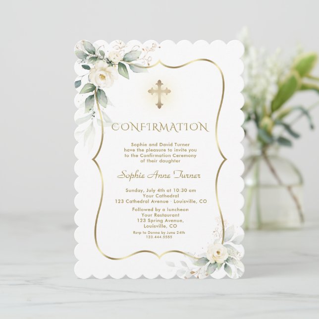 Invitación Confirmación de Chica de Floral blanca y verde de  (Anverso de pie)