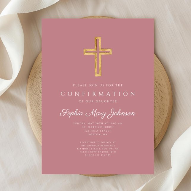 Invitación Confirmación de Chica elegante de la cruz religios (Elegant Pink Religious Cross Girl Confirmation Invitation )