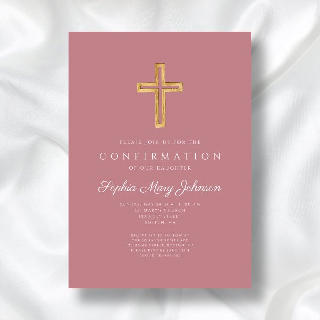 Invitación Confirmación de Chica elegante de la cruz religios (Elegant Pink Religious Cross Girl Confirmation Invitation)