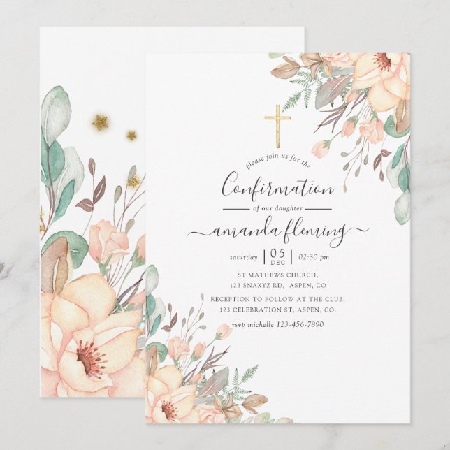 Invitación Confirmación de Chica floral rosa Rubor (Anverso / Reverso)