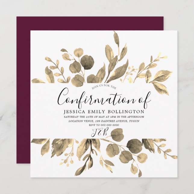 Invitación Confirmación de Chicas de Burgundy y Elegant Gold  (Anverso / Reverso)