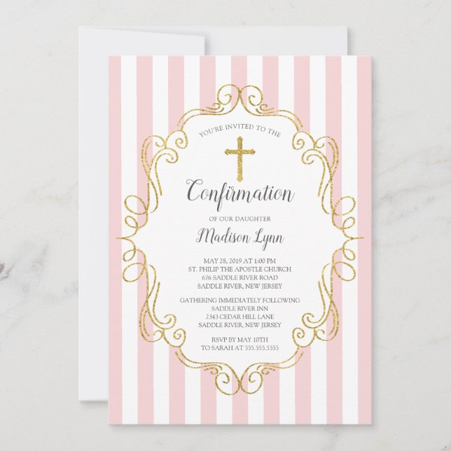 Invitación Confirmación de Chicas de tramas rosadas y doradas (Anverso)