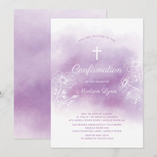 Invitación Confirmación de color de agua púrpura (Anverso / Reverso)