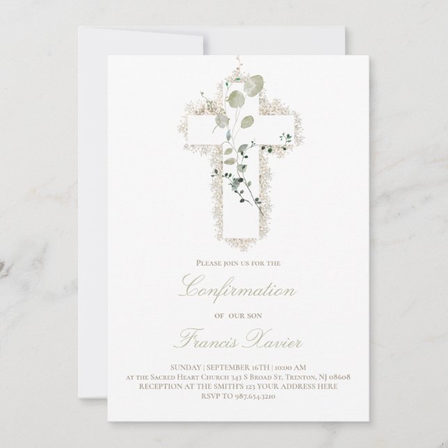Invitación confirmación de cruz blanca de hojas verdes (Anverso)