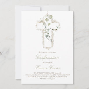 Invitación confirmación de cruz blanca de hojas verdes