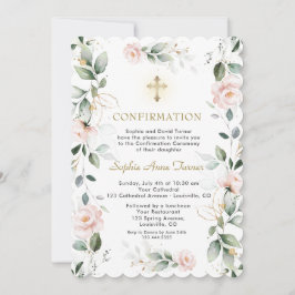 Invitación Confirmación de cruz de flores rosas de verde dora