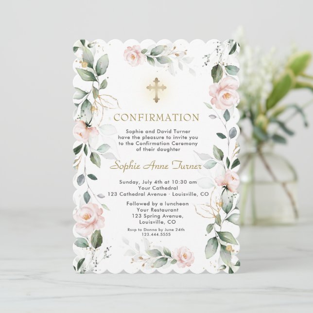 Invitación Confirmación de cruz de flores rosas de verde dora (Anverso de pie)