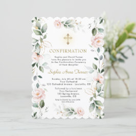 Invitación Confirmación de cruz de flores rosas de verde dora