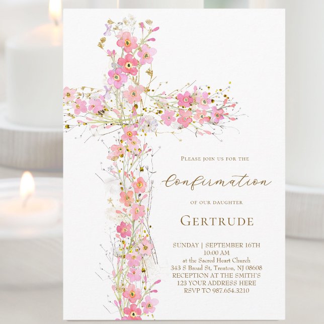 Invitación confirmación de cruz de flores silvestres rosas (Subido por el creador)