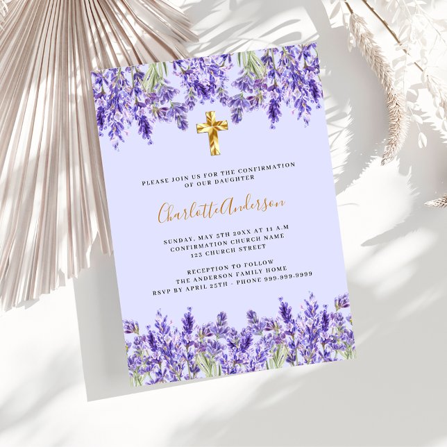 Invitación Confirmación de cruz de oro de flores violeta de L (Subido por el creador)