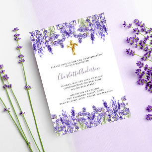 Invitación Confirmación de cruz de oro de flores violetas de 