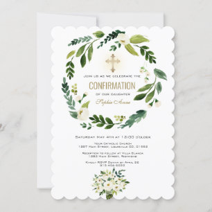 Invitación Confirmación de Cruz de Oro de Verdor Floral Blanc