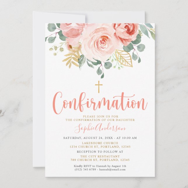 Invitación Confirmación de cruz floral de oro rosa rosa rosa  (Anverso)