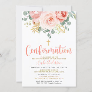 Invitación Confirmación de cruz floral de oro rosa rosa rosa 