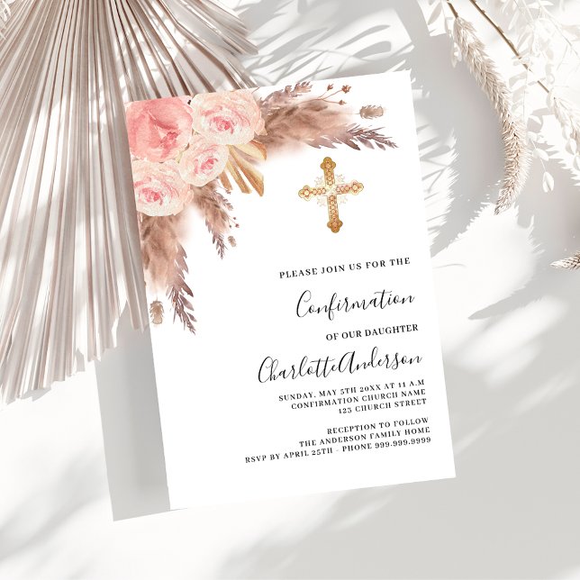 Invitación Confirmación de cruz rosa de rosa de pasto de pamp (Subido por el creador)