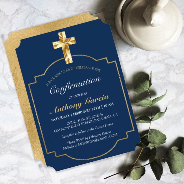 Invitación Confirmación de Elegante Navy Blue Gold Cross Boys (Subido por el creador)