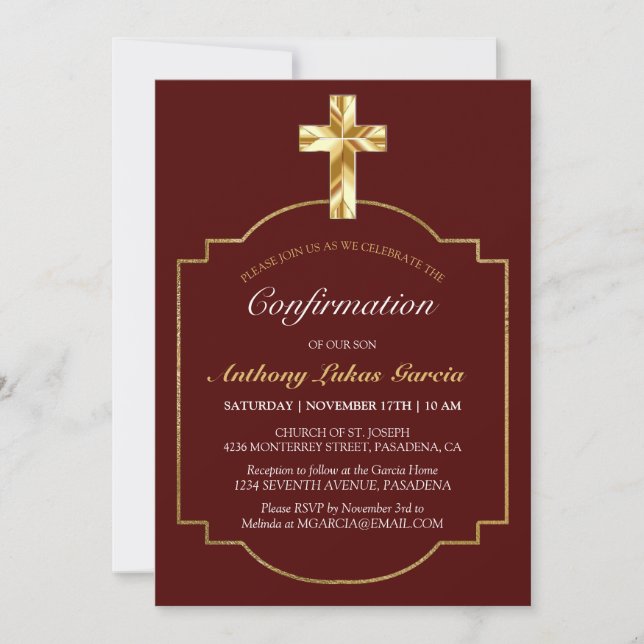Invitación Confirmación de elegantes chicos de la Cruz de Oro (Anverso)