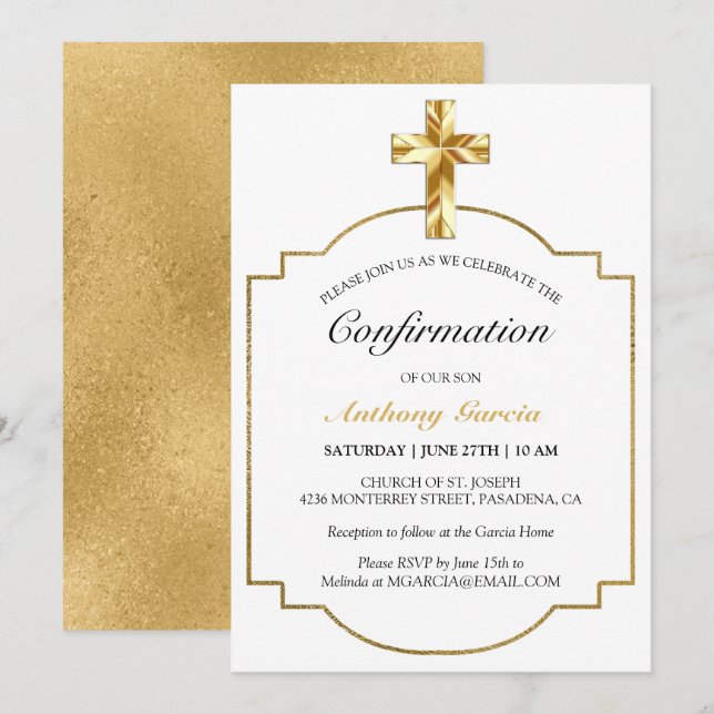 Invitación Confirmación de elegantes chicos de oro blanco (Anverso / Reverso)