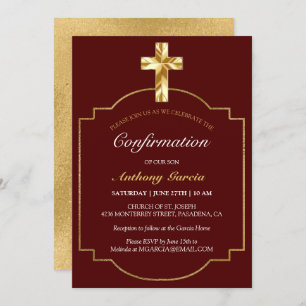 Invitación Confirmación de elegantes chicos de oro de Borgoña