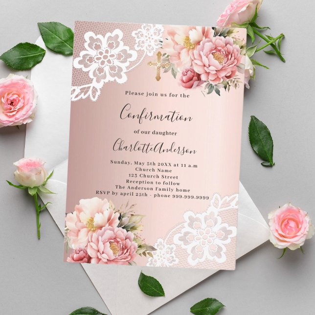 Invitación Confirmación de encaje de florales rosados de oro  (Subido por el creador)