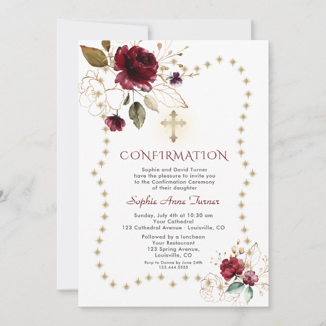 Invitación Confirmación de esparkles de Purpurina de oro flor (Anverso)
