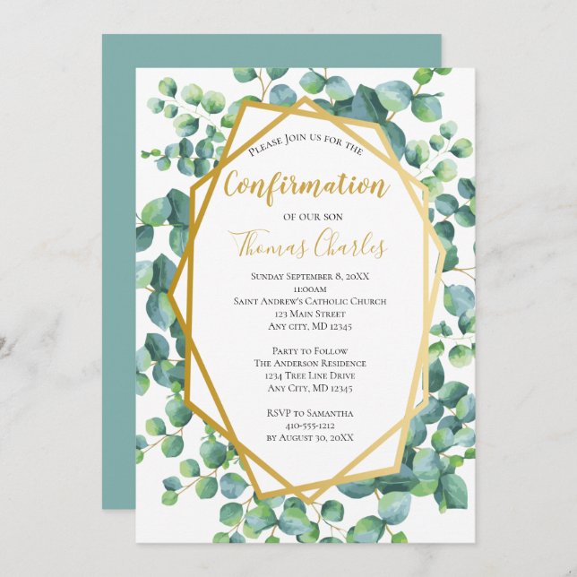 Invitación Confirmación de Eucalyptus Gold Green Floral Boy C (Anverso / Reverso)