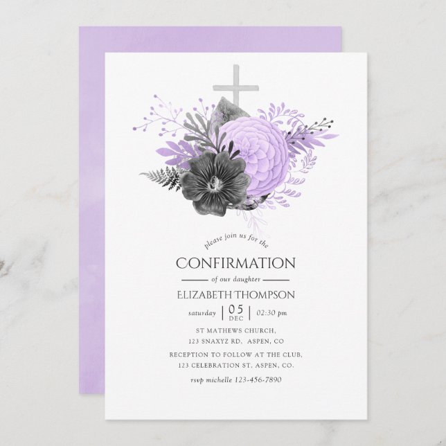 Invitación Confirmación de Floral de Lilac y Carbón (Anverso / Reverso)