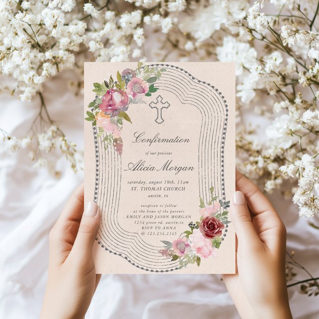 Invitación Confirmación de floral de marco rústico rosa borgo (Subido por el creador)