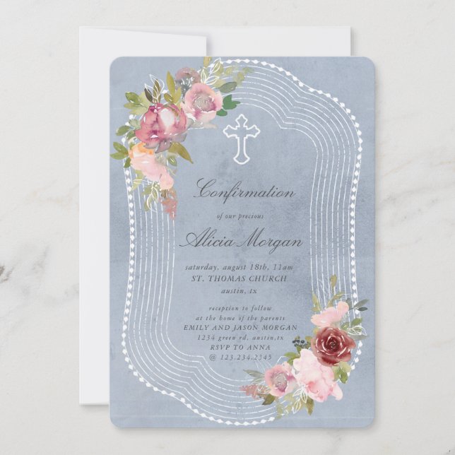 Invitación Confirmación de floral de marco rústico rosa borgo (Anverso)