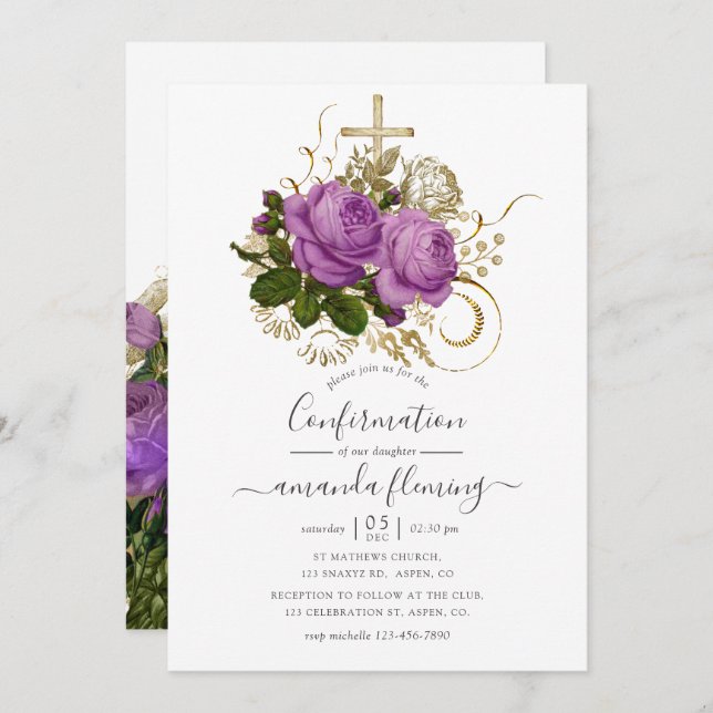 Invitación Confirmación de Floral de Moda morada y dorada (Anverso / Reverso)