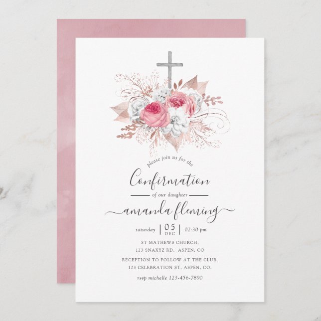 Invitación Confirmación de floral de oro rosa y Rosa (Anverso / Reverso)