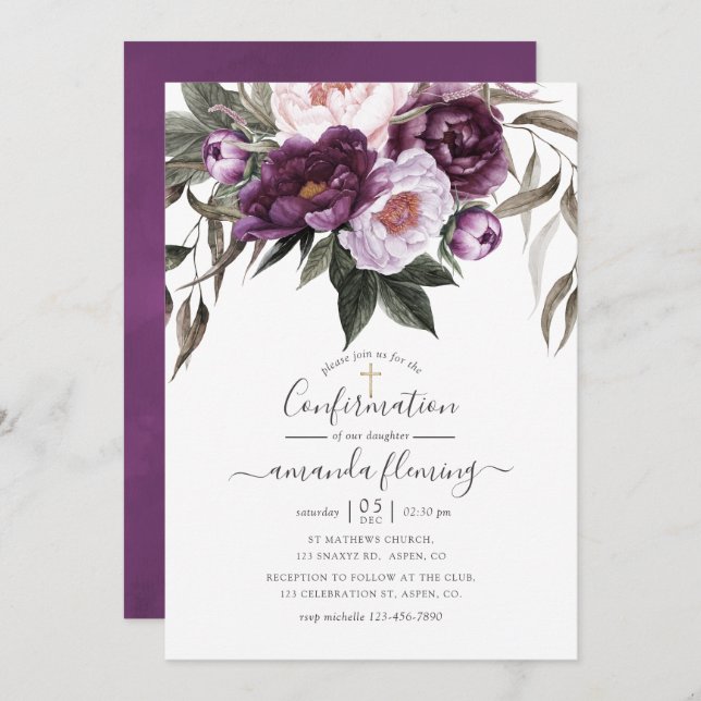 Invitación Confirmación de Floral de Velvet Profundo (Anverso / Reverso)