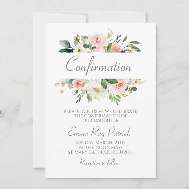 Invitación Confirmación de floral rosa acuarela (Anverso)