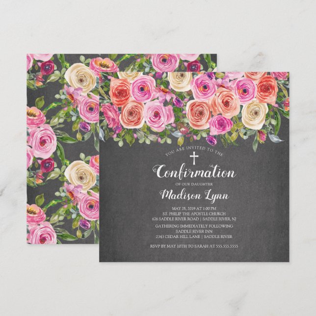 Invitación Confirmación de floral rosa de Chalkboard moderna (Anverso / Reverso)