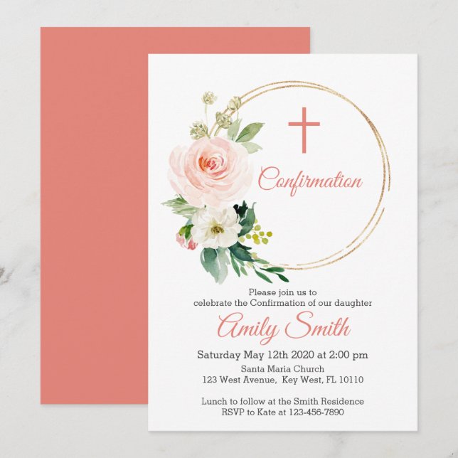 Invitación Confirmación de floral rosa de Rubor (Anverso / Reverso)